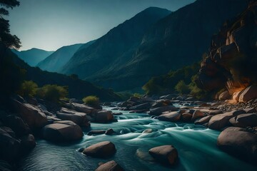 A serene mountain river flowing through a rocky gorge under the soft glow of twilight.