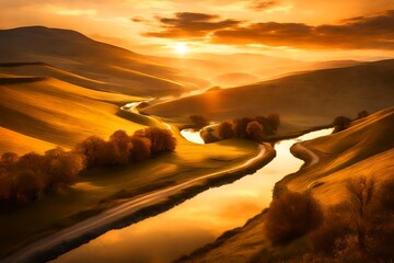 The golden hues of a sunset reflecting on a tranquil river winding through rolling hills.