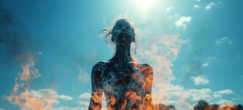 Fire and Ice: a surreal image of a head engulfed in flames and submerged in water