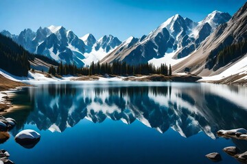 A remote alpine lake mirroring the snow-capped peaks and a pristine blue sky.