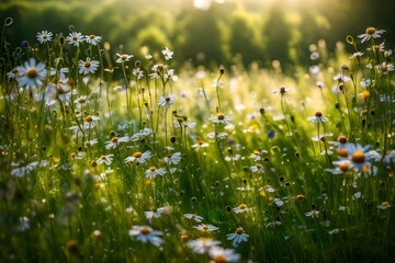 Dew-kissed wildflowers swaying gently in a lush green meadow