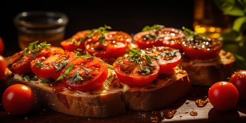 Tomatoes now darker, against golden toast for a striking appetizer