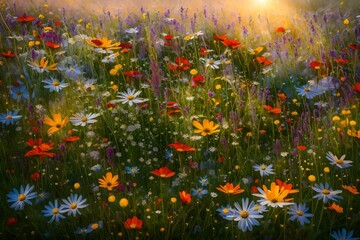 A serene meadow filled with colorful wildflowers and dew-laden grass
