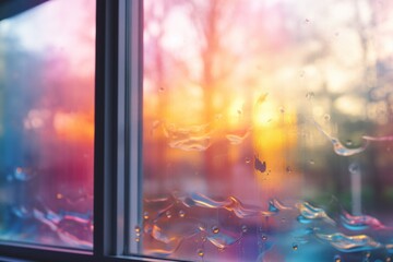  a close up of a window with raindrops on the glass and a blurry background of trees and buildings.