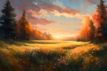 The last light of day painting a calm, rural meadow and a quiet forest with a soothing palette of colors