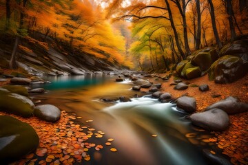 A serene river winding through a colorful autumn forest with smooth rocks along the bank