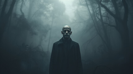 Lonely gloomy bald faceless man in a foggy forest, horror - obrazy, fototapety, plakaty