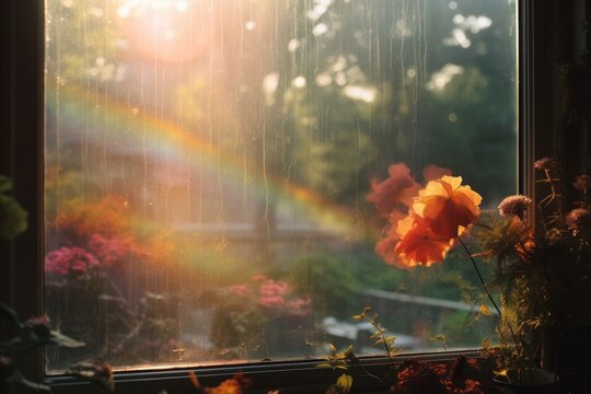  a view of a rainbow through a window with flowers in the foreground and a rainbow in the back ground.