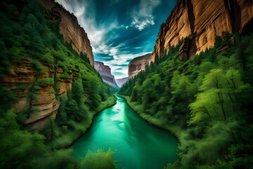 An emerald green river winding through a canyon, framed by towering cliffs and a brilliant blue sky.