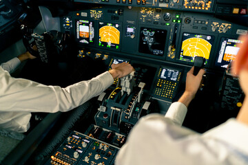 close-up of radar control and navigation panel in cockpit of airplane screens and buttons flight simulator