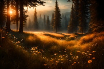 The fading sun creating a tranquil ambiance over a remote meadow and a quiet forest