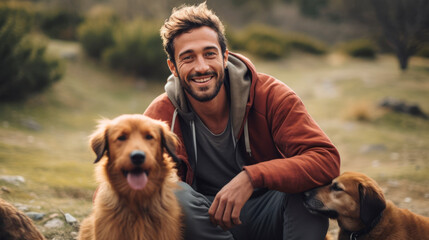 A Man Kneeling Down Next to Two Dogs