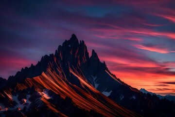 A rugged mountain peak silhouetted against the vibrant colors of a twilight sky.