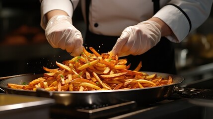chef takes out delicious french fries from the frye,
