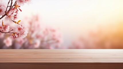 Naklejka na ściany i meble Empty top wooden table and sakura flower with fog and morning light background,