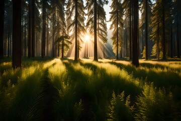 A serene landscape with a sun-kissed meadow surrounded by towering trees at dusk
