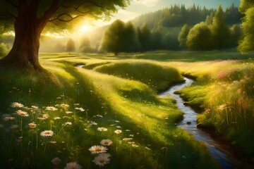 A peaceful meadow with a winding stream, bathed in the warm light of a summer day.