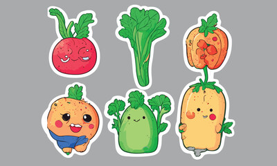 Cute cartoon stickers of vegetable with eyes, hands and legs