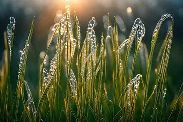 Blades of grass adorned with shimmering morning dew in a serene field