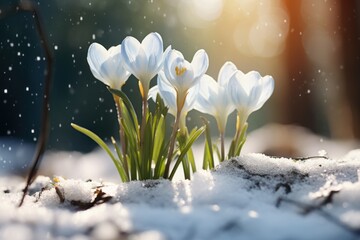  a group of white flowers sitting on top of a pile of snow next to a green leafy plant on top of a pile of snow covered ground.