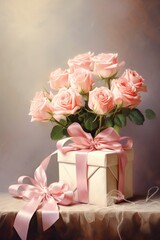 Obraz na płótnie Canvas beautiful roses and gift box, rendered in impressionism style, copy space, generative ai