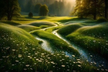 Morning dew creating a sparkling carpet in a picturesque meadow