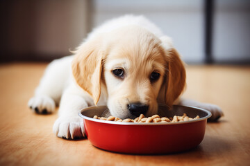Golden Retriever Puppy Eating Food in Red Bowl - obrazy, fototapety, plakaty