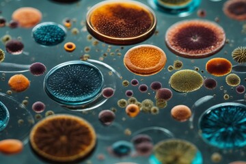 Abstract background with a petri dish, colorful microbes and bacteria under a microscope. - obrazy, fototapety, plakaty