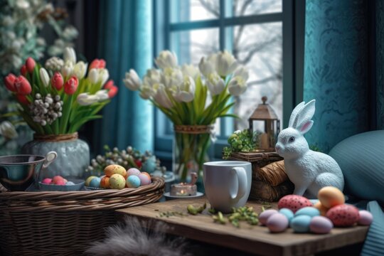 Easter Day decoration in living room. Home interior for spring festive holiday. Close up.