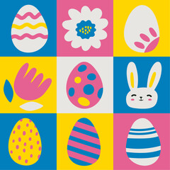 Happy Easter  eggs set. Graphic modern vector illustration.  Graphics in a modern style with a rabbit, flowers and eggs.
