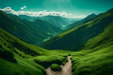Lush green mountains under a clear blue sky.