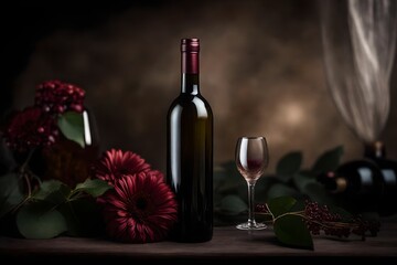 elegant wine bottle presentation and advertising template , vintage floral still life ambiance , faded burgundy tones