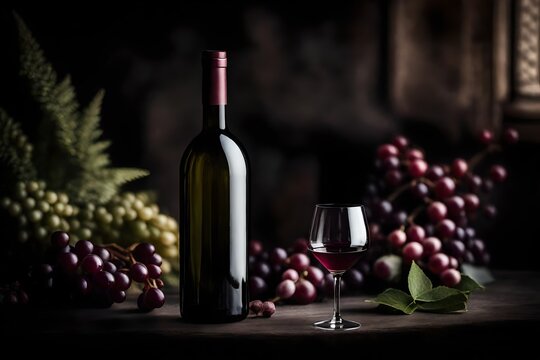 elegant wine and glass  bottle presentation and advertising template , vintage floral still life ambiance , faded burgundy tones
