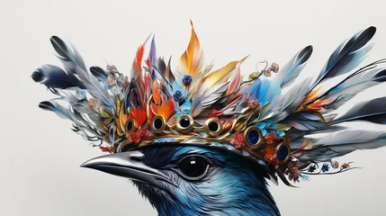 Poster A captivating close-up of a crown bird's crown feathers, their intricate details and vibrant colors accentuated against a pristine white background. © Ahmad