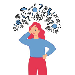 Facepalm. The woman covered her head with her hand from fatigue and negativity. A lot of emotions, thoughts, messages. The concept of mental health.