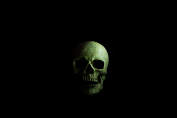 Green Skull Decoration side lit with Copy Space on Black Background