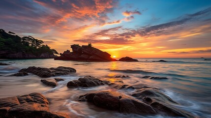 Beautiful sunrise between the beach rocks  - Powered by Adobe