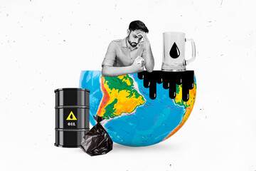 Horizontal photo collage of young man sad regret about human influence on earth oil patrol dirty...