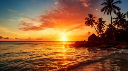 Beautiful sunset on tropical island  - obrazy, fototapety, plakaty