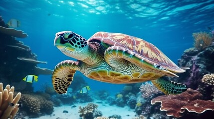 Obraz na płótnie Canvas Beautiful Underwater Postcard. Maldivian Sea Turtle Floating Up And Over Coral reef. Loggerhead in wild nature habitat