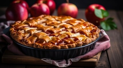 Apple Pie background. National Pie Day, Thanksgiving traditional dessert, autumn bakery concept. .For postcard, banner, wallpaper, backdrop, web, card, poster, cover, print. Copy space.