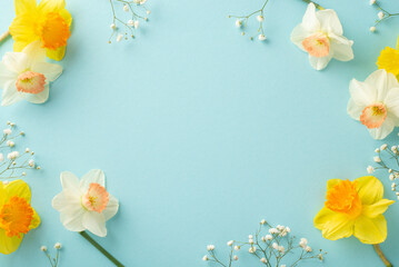 A delightful spring scene of blooming daffodils and gypsophila. From above, white and yellow flowers on a soothing pastel blue background, providing copy space for text or promotional use - obrazy, fototapety, plakaty
