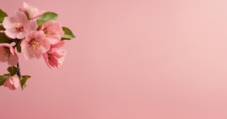 Fototapeta na wymiar Fresh quince blossom on light pink background for romantic banner design. Large copy space
