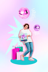 Vertical photo collage of birthday girl hold gift box present dance disco ball party fun celebration holiday on creative pastel background