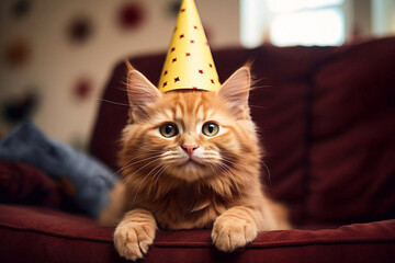 Cute red cat lying on the couch in party hat. Kitten birthday, happy pet.