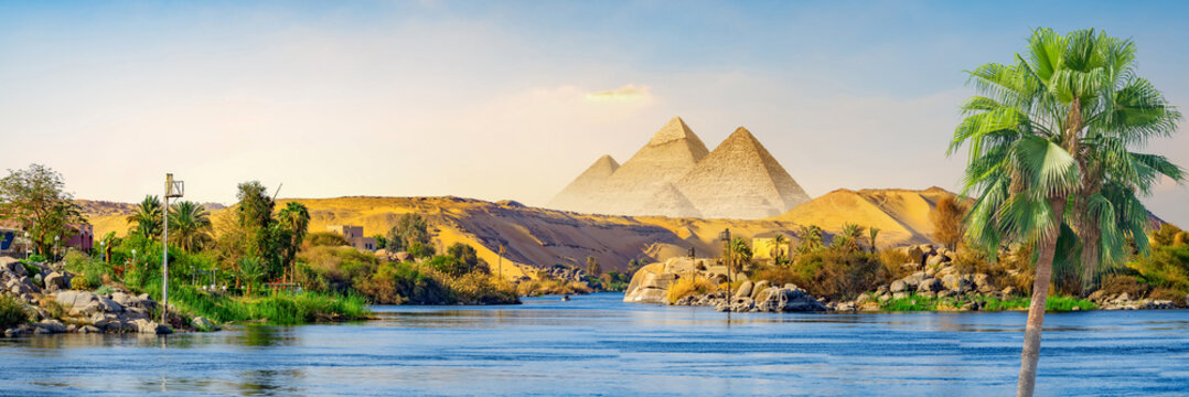 Panorama of Great Nile and pyramids