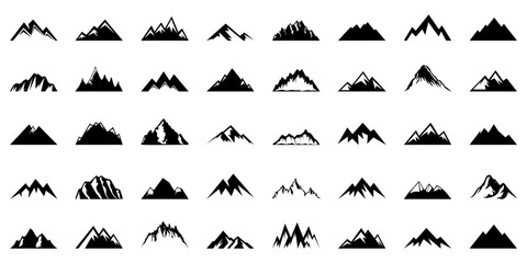 Black mountain icon collection. Set of black mountain logo. Adventure, camping, hiking logo collection - obrazy, fototapety, plakaty