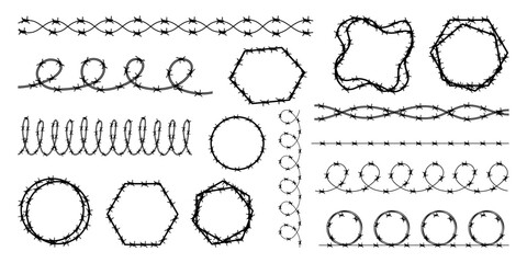 Wire fence element collection. Barbed wire metallic border elements. Prison line war barb background metal silhouette