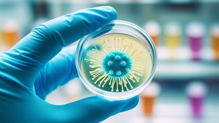 A person holds a petri dish holding bacteria inside of it, Biology, science, medicine. Microbiological diagnostics. Generative AI
 - obrazy, fototapety, plakaty