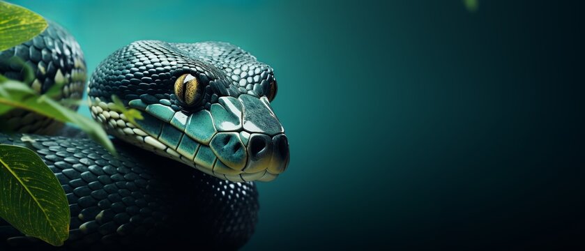 Front view of snake on dark green background, Generative AI